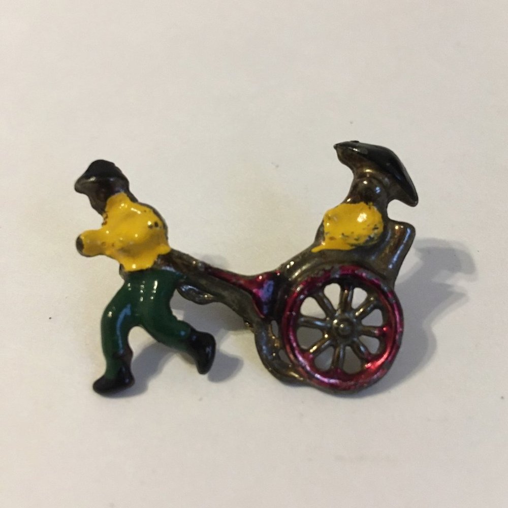 Vintage Rickshaw Pin Brooch Silver Metal Painted Taxi Man Pulling Woman